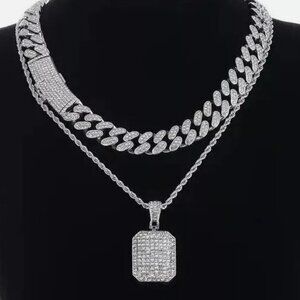 Silver Dog Tag Pendant & Iced Cuban Chain Icy Necklace